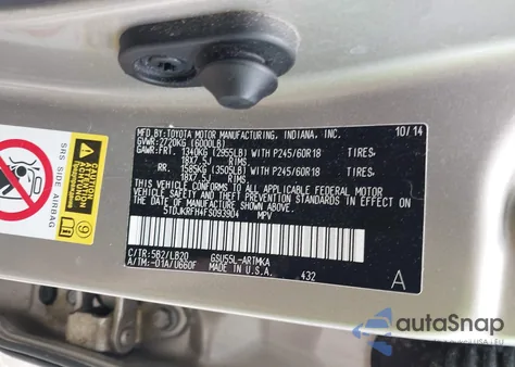 2015 Toyota Highlander Xle V6 из США, поврежденный, VIN 5TDJKRFH4FS093904